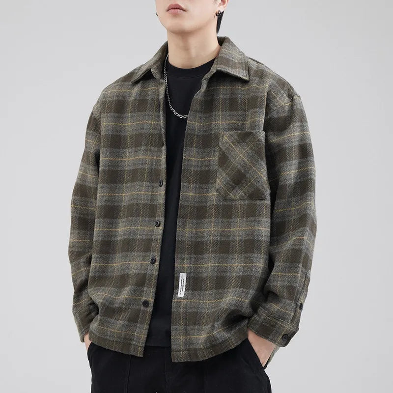 Retro Revival – Men&#39;s Woolen Plaid Overshirt