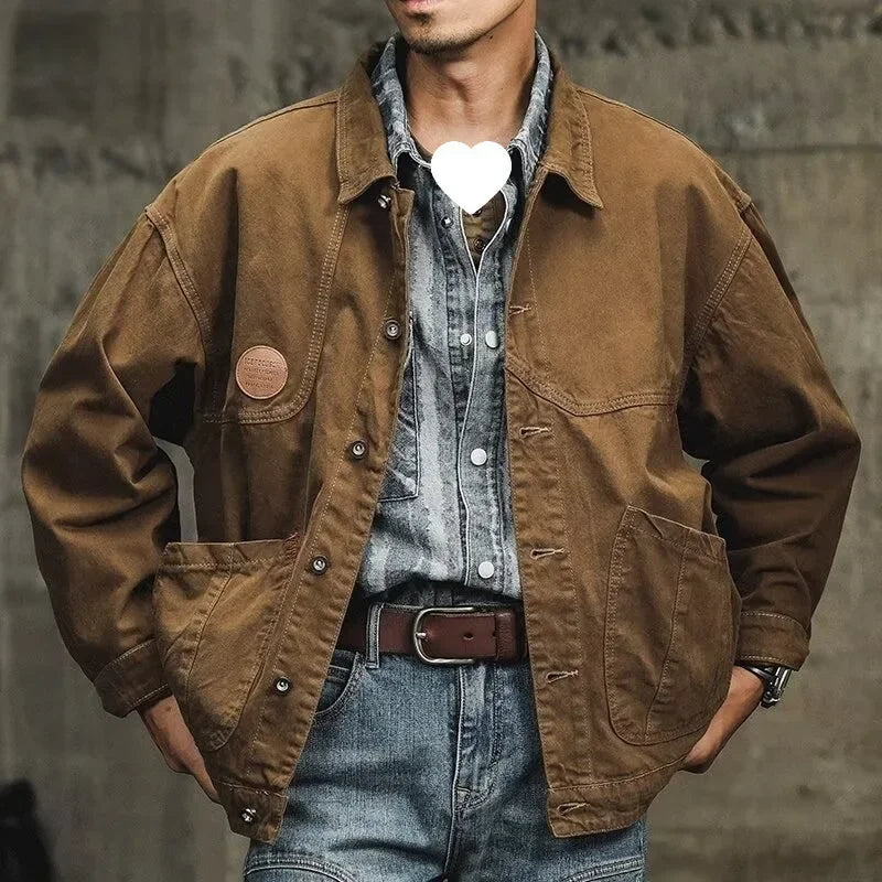 Vintage Americana Vibes – Brown Loose-Fit Denim Jacket
